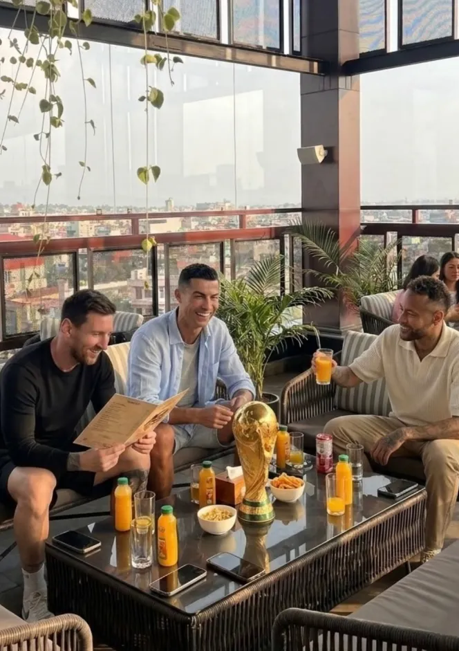 Guests sharing drinks at a table on the open-air rooftop with the city behind them